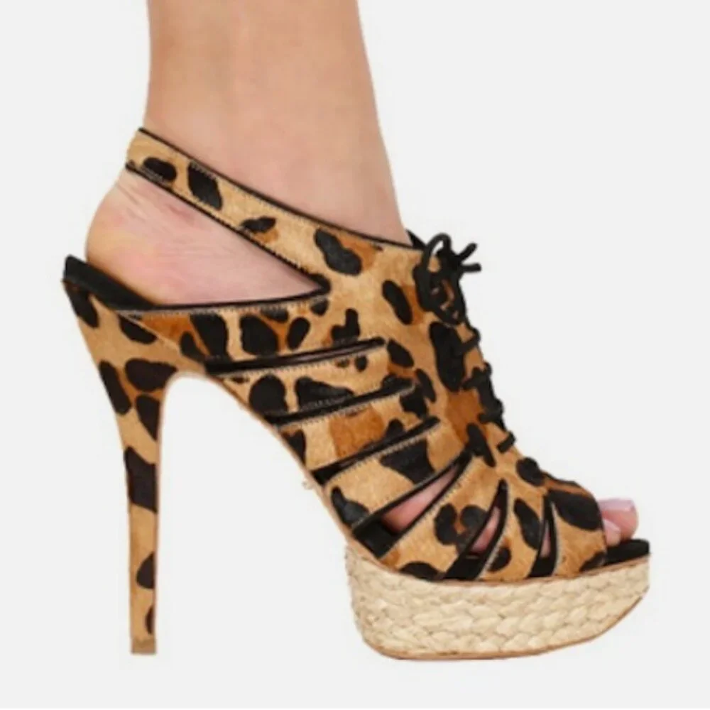 NWOB Schutz Ashley Calf Hair Lace Up Platform Peep Toe Heels